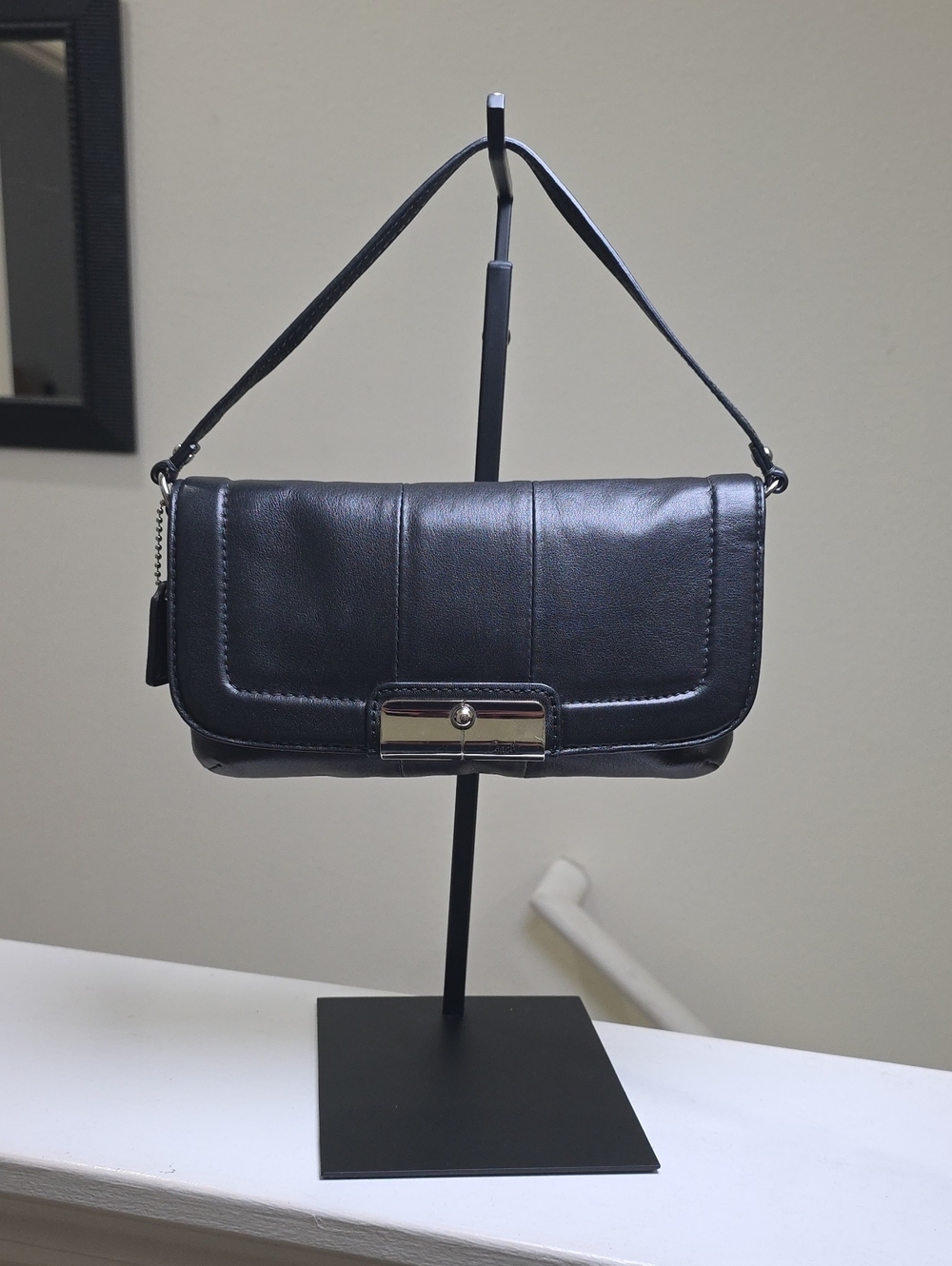 COACH Black Smooth Leather Silver HDWR Mini Bag/ Wristlet EUC